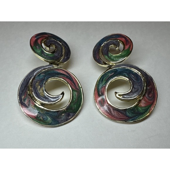 Vintage 80s Enamel Swirl Statement Earrings Gold Tone Dangle Pierced Bold‎ - Picture 4 of 8